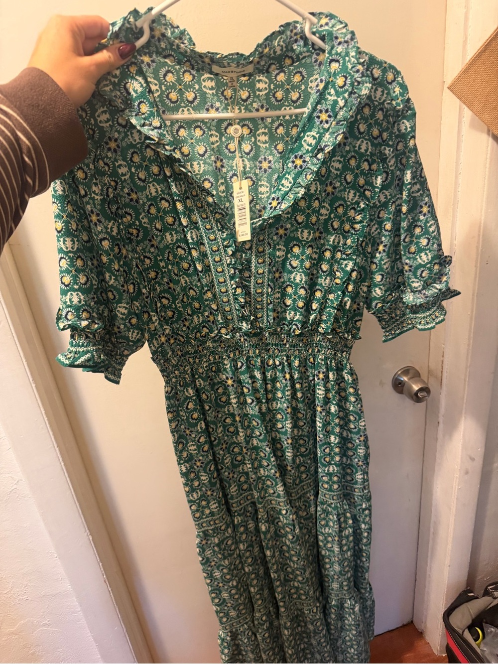 Green Floral Midi Dress with Smocked Waist